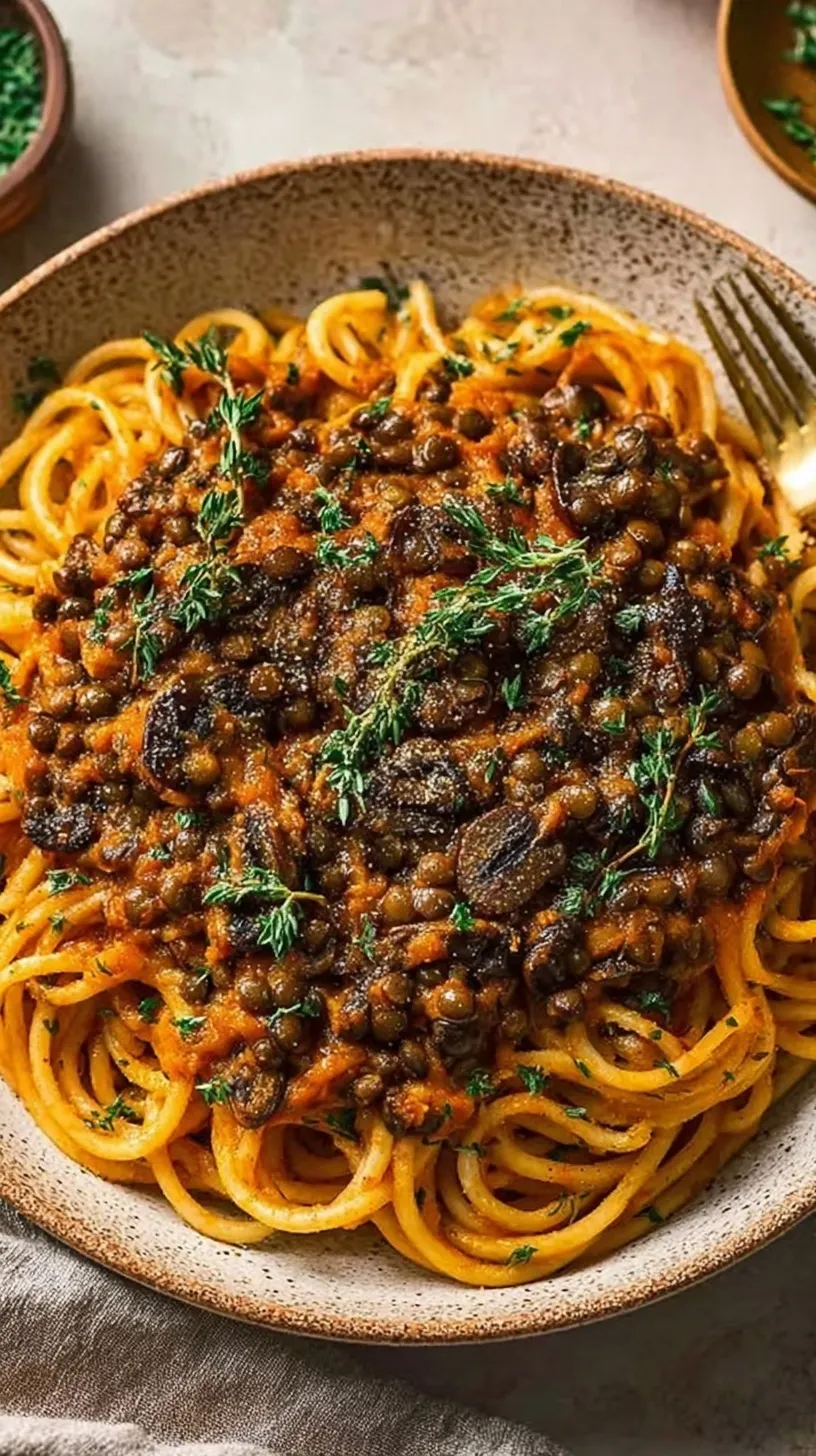 A close up of a rich brown mushroom ragu sauce served over pasta in a white bowl with fresh herbs