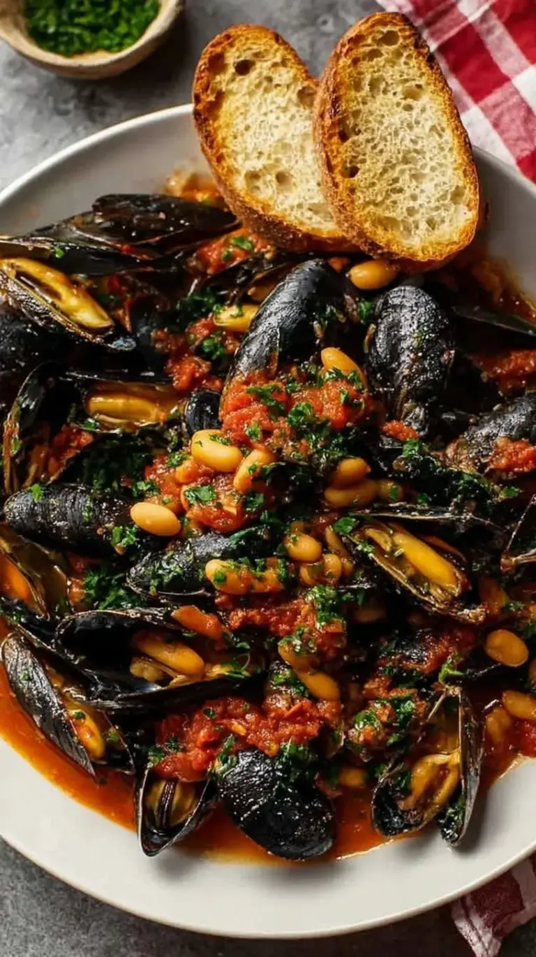 A white bowl filled with steamed mussels, creamy cannellini beans, and diced tomatoes in a light broth.