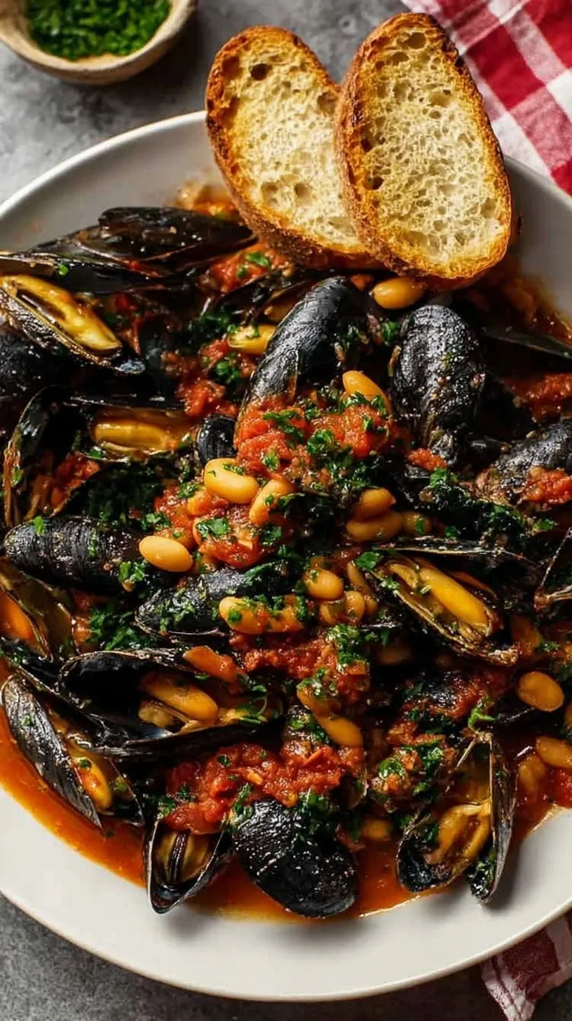 A white bowl filled with steamed mussels, creamy cannellini beans, and diced tomatoes in a light broth.