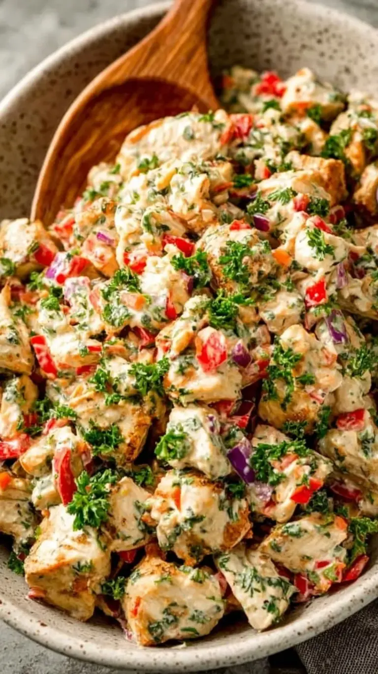 A bowl of creamy Spicy Chicken Salad with fresh cilantro and lime.