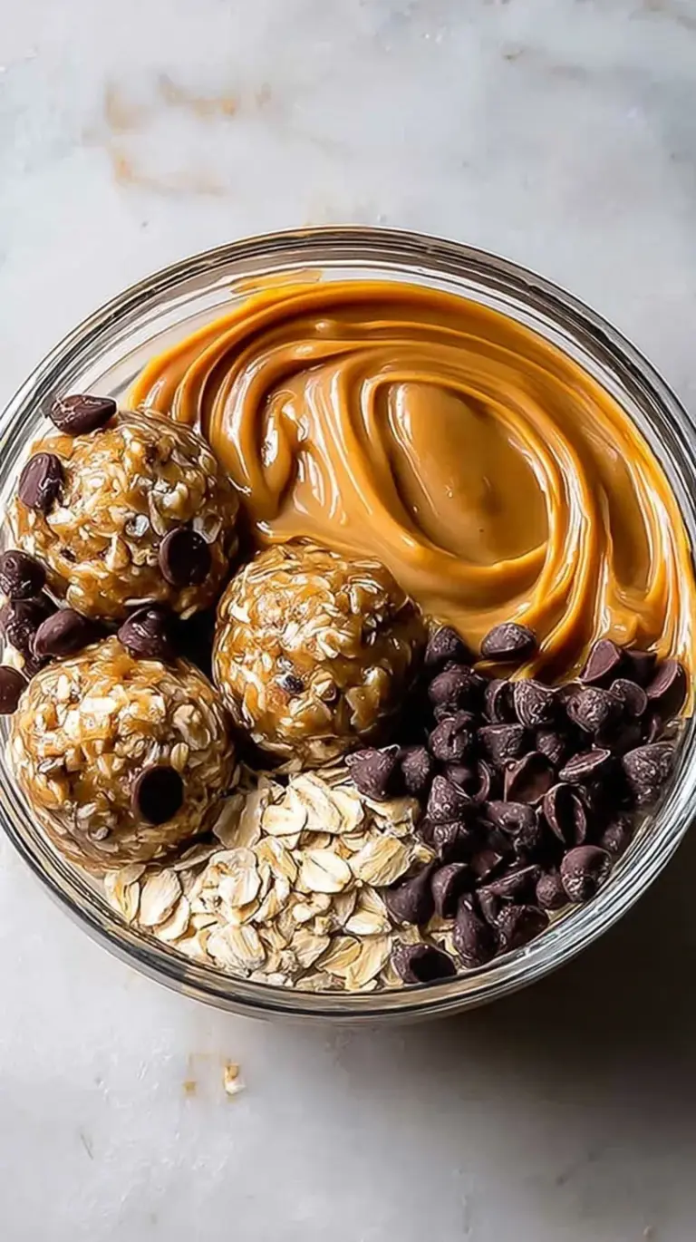 A stack of round chocolate chip and peanut butter energy bites on a white plate.