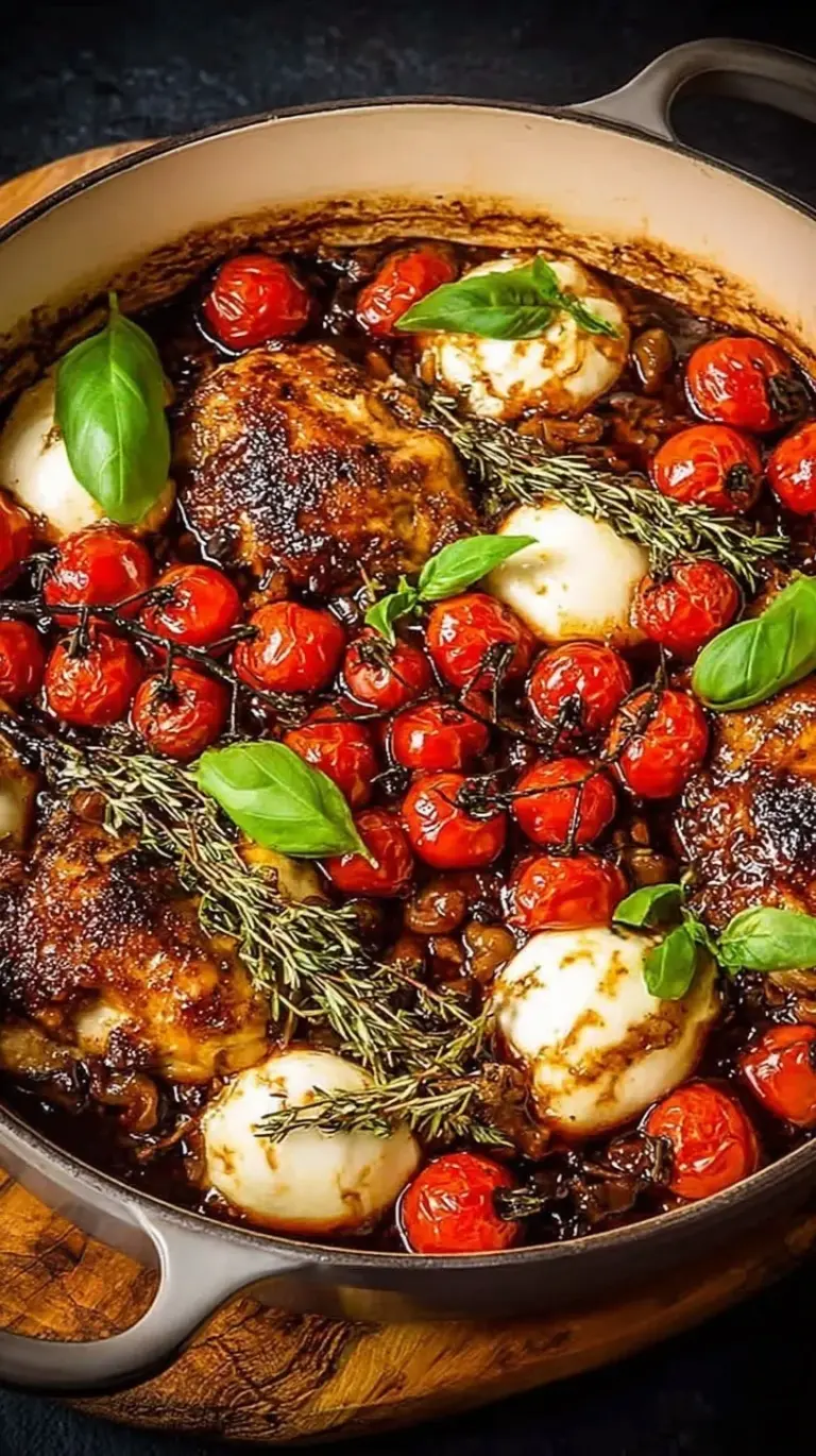 A skillet of golden seared balsamic chicken topped with softened cherry tomatoes and fresh green basil.