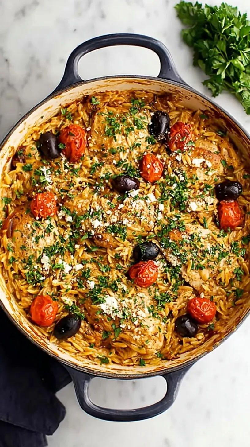 A skillet of creamy chicken orzo with fresh spinach and lemon slices.