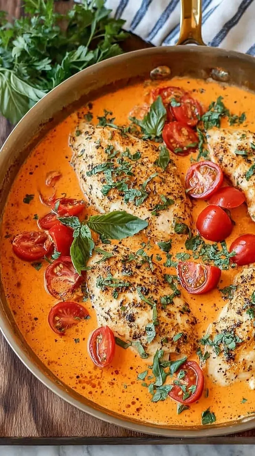 Golden seared chicken breasts in a vibrant creamy tomato sauce with fresh basil