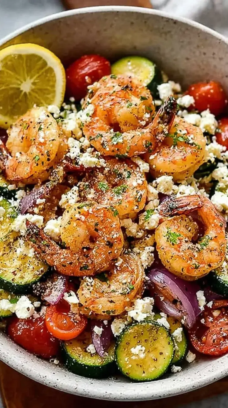 A ceramic baking dish filled with roasted Mediterranean shrimp, burst cherry tomatoes, Kalamata olives, and melted feta cheese garnished with fresh parsley.