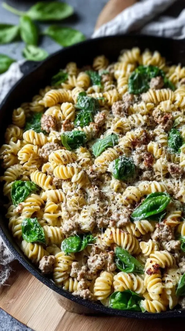 A large skillet filled with creamy rotini pasta, ground turkey, and fresh green spinach in a rich tomato sauce.