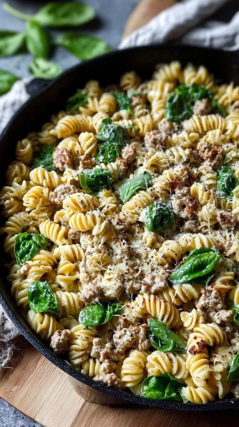 A large skillet filled with creamy rotini pasta, ground turkey, and fresh green spinach in a rich tomato sauce.