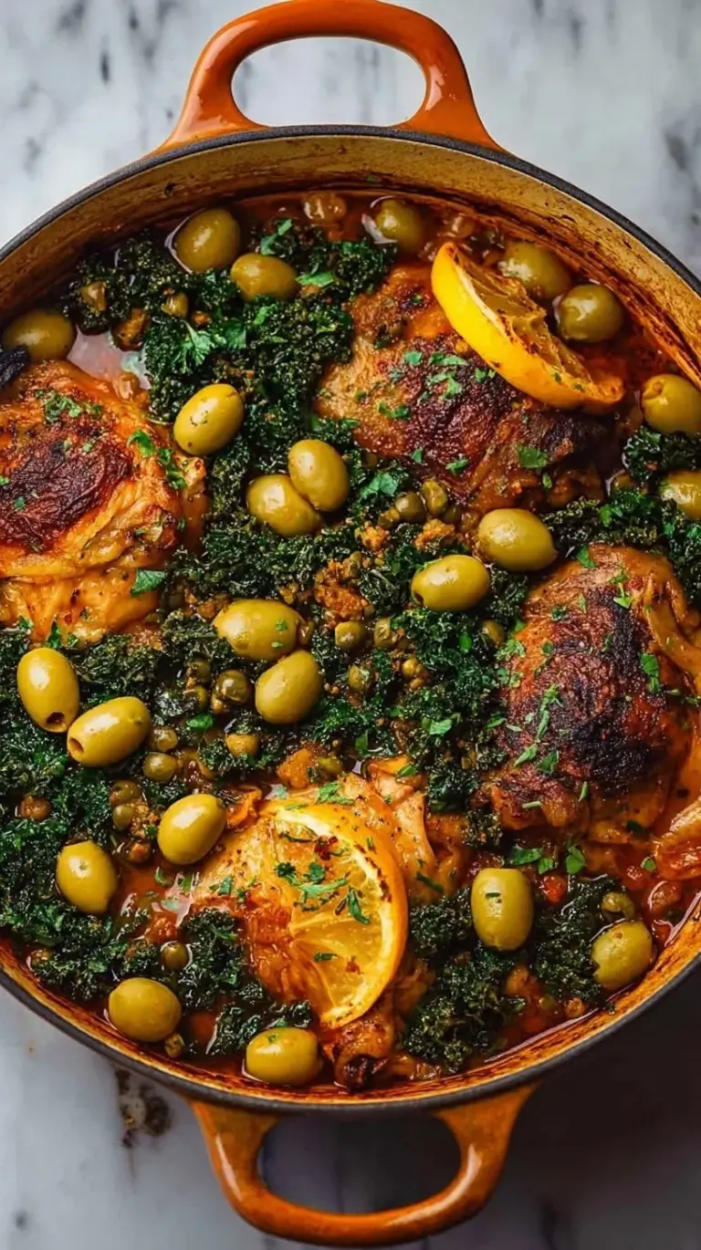 A Dutch oven filled with golden Moroccan braised chicken, green olives, and fresh herbs.