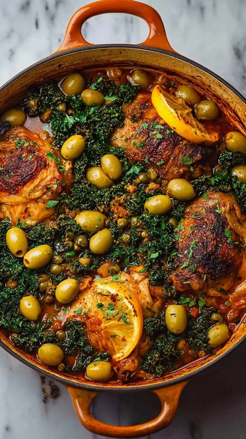 A Dutch oven filled with golden Moroccan braised chicken, green olives, and fresh herbs.