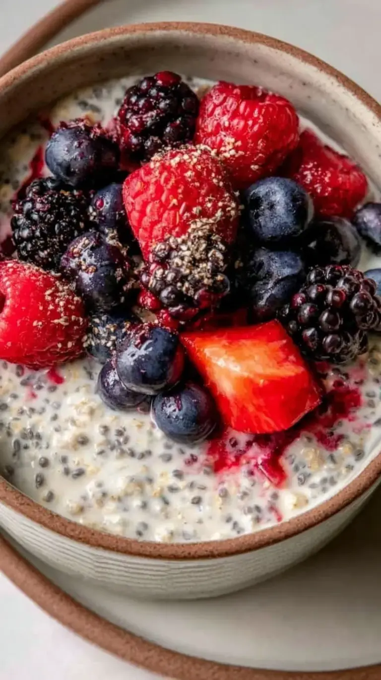A glass mason jar filled with creamy overnight oats topped with fresh strawberries, blueberries, and raspberries.