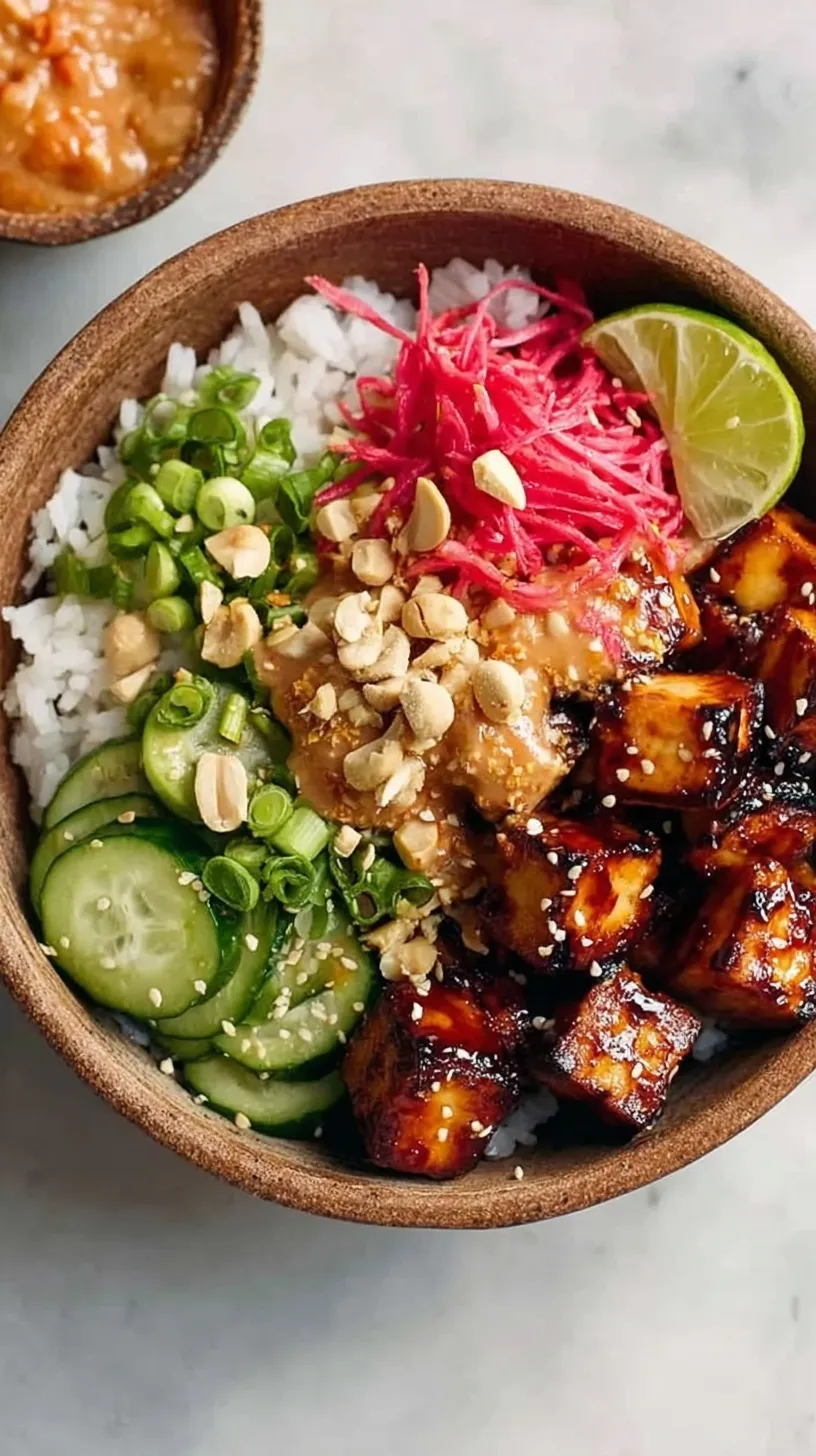 A vibrant bowl of crispy peanut tofu, jasmine rice, steamed broccoli, and matchstick carrots.