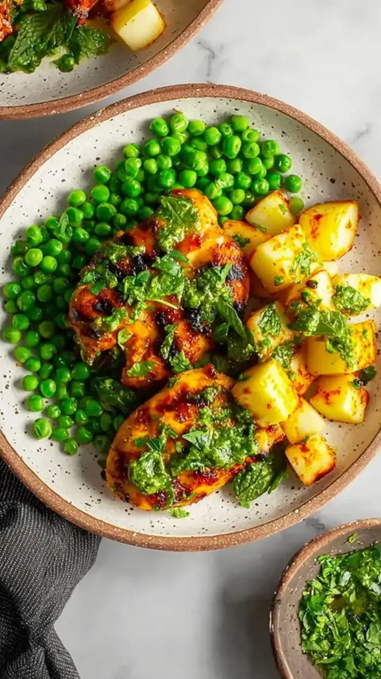 Grilled Peri-Peri chicken thighs served with golden seared halloumi and crushed minty green peas.