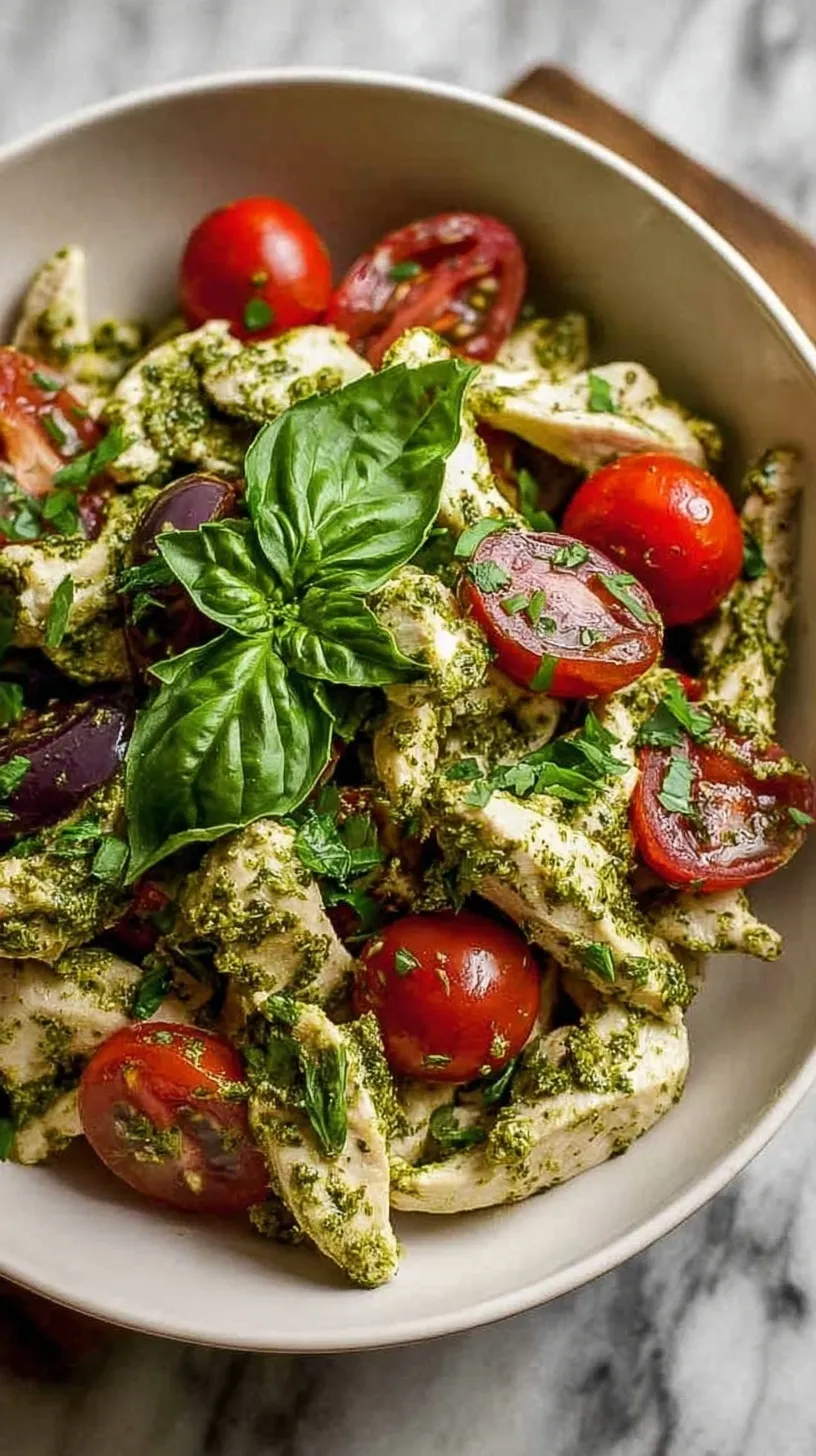 A bowl of vibrant Pesto Chicken Salad with cherry tomatoes and pine nuts