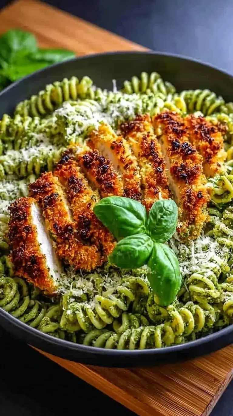 Golden brown crispy parmesan chicken sliced over a bed of vibrant green pesto pasta