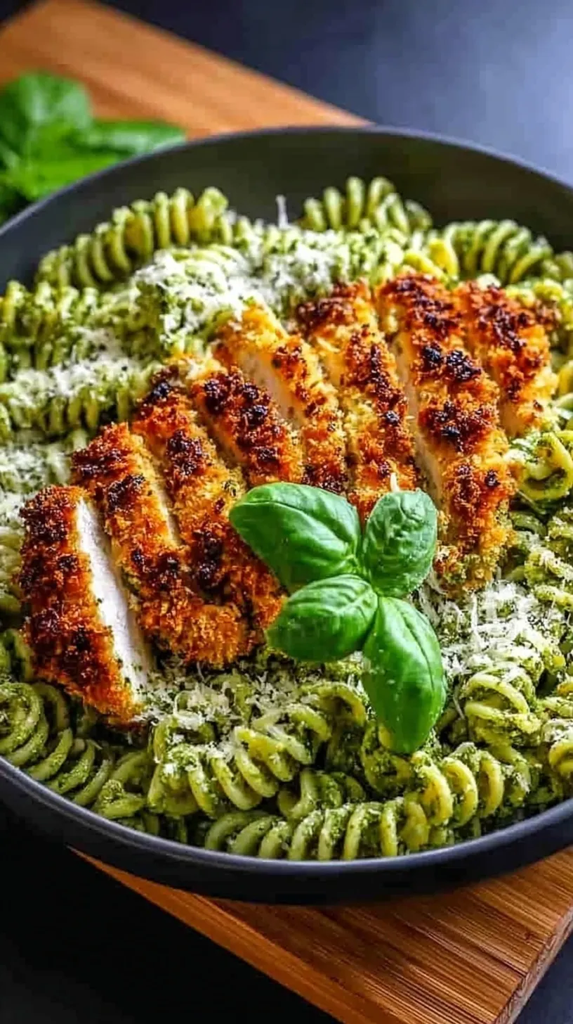 Golden brown crispy parmesan chicken sliced over a bed of vibrant green pesto pasta