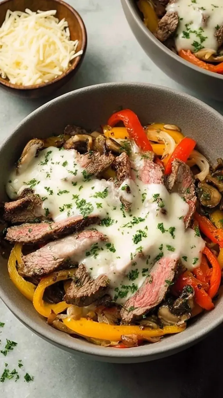 A vibrant bowl of thinly sliced ribeye steak, sautéed peppers, and melted provolone cheese.