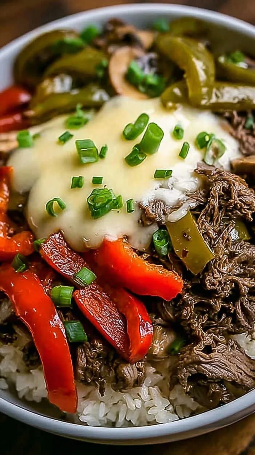 A colorful bowl of sliced ribeye steak, sautéed peppers, and melted provolone cheese
