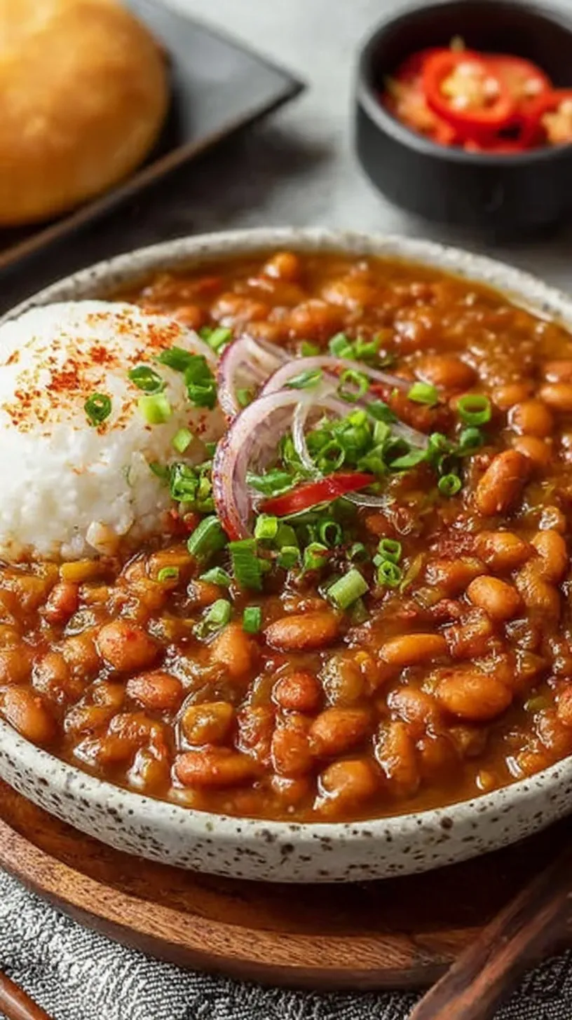 A steaming bowl of Japanese-Style Pinto Bean Stew with carrots and ginger in a dark ceramic bowl.