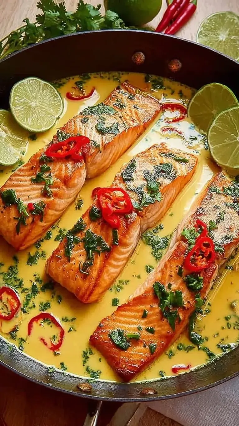 Pan-seared salmon fillets simmering in a creamy white coconut sauce with lime zest and fresh cilantro.