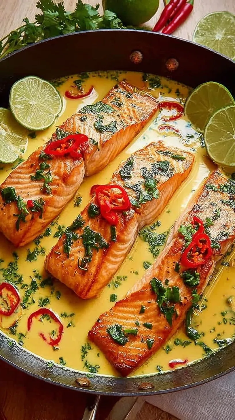 Pan-seared salmon fillets simmering in a creamy white coconut sauce with lime zest and fresh cilantro.