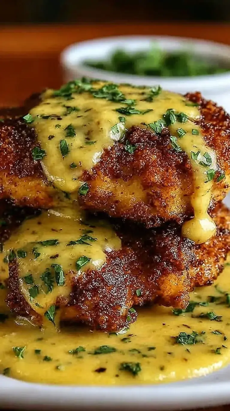 Golden brown pretzel crusted chicken breast sliced and drizzled with a creamy yellow mustard cheese sauce