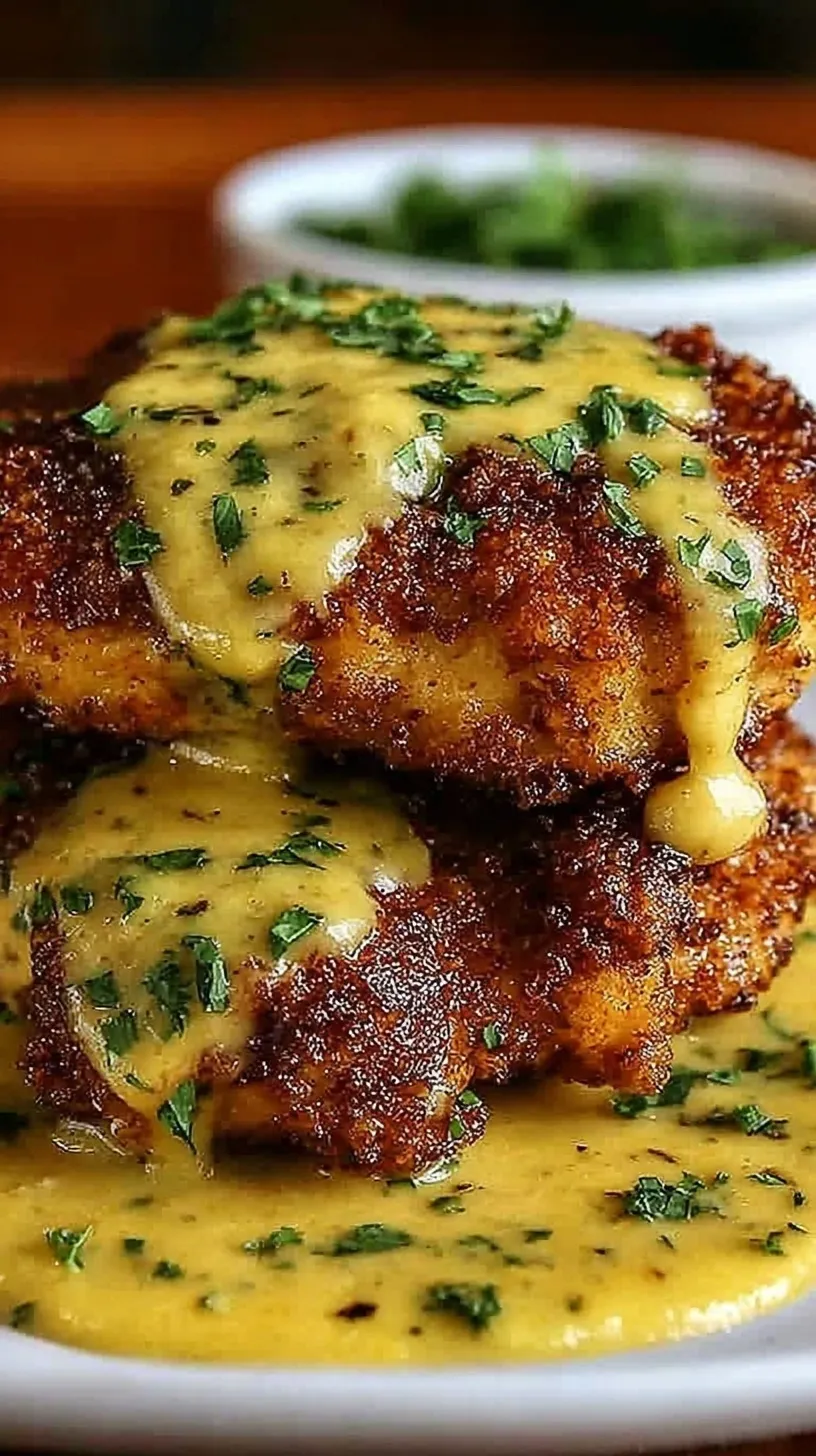 Golden brown pretzel crusted chicken breast sliced and drizzled with a creamy yellow mustard cheese sauce