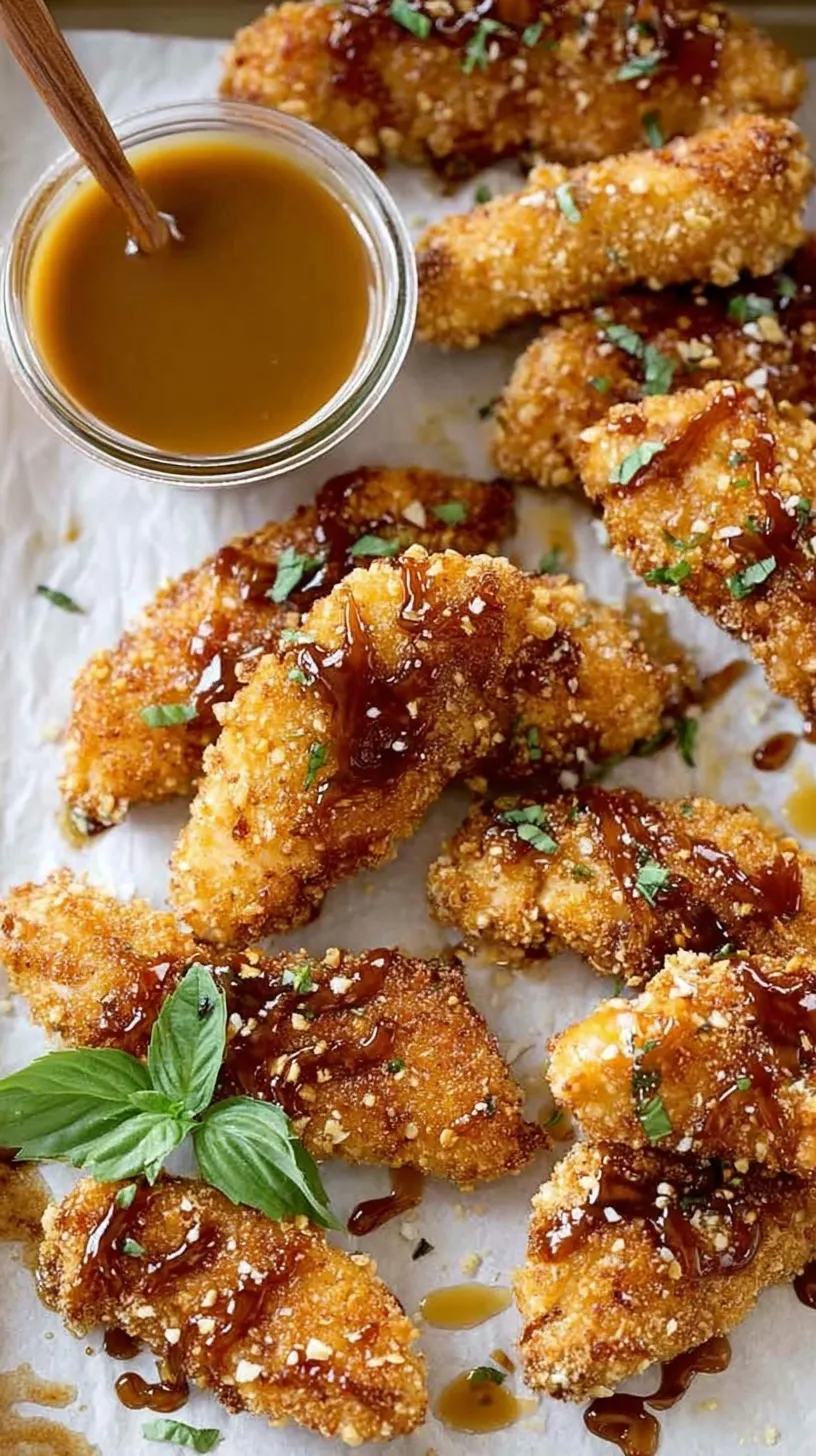 Golden brown pretzel crusted chicken fingers on a baking sheet with a side of mustard dipping sauce