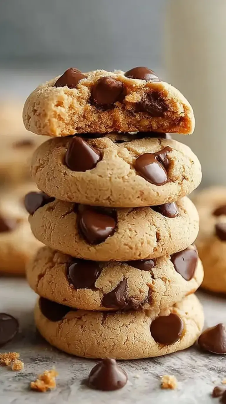 A stack of soft protein greek yogurt cookies with sugar-free chocolate chips on a baking sheet.