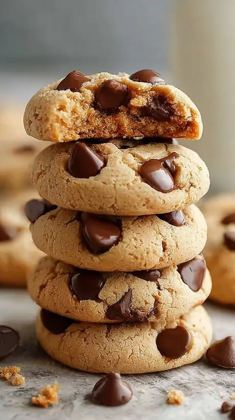 A stack of soft protein greek yogurt cookies with sugar-free chocolate chips on a baking sheet.