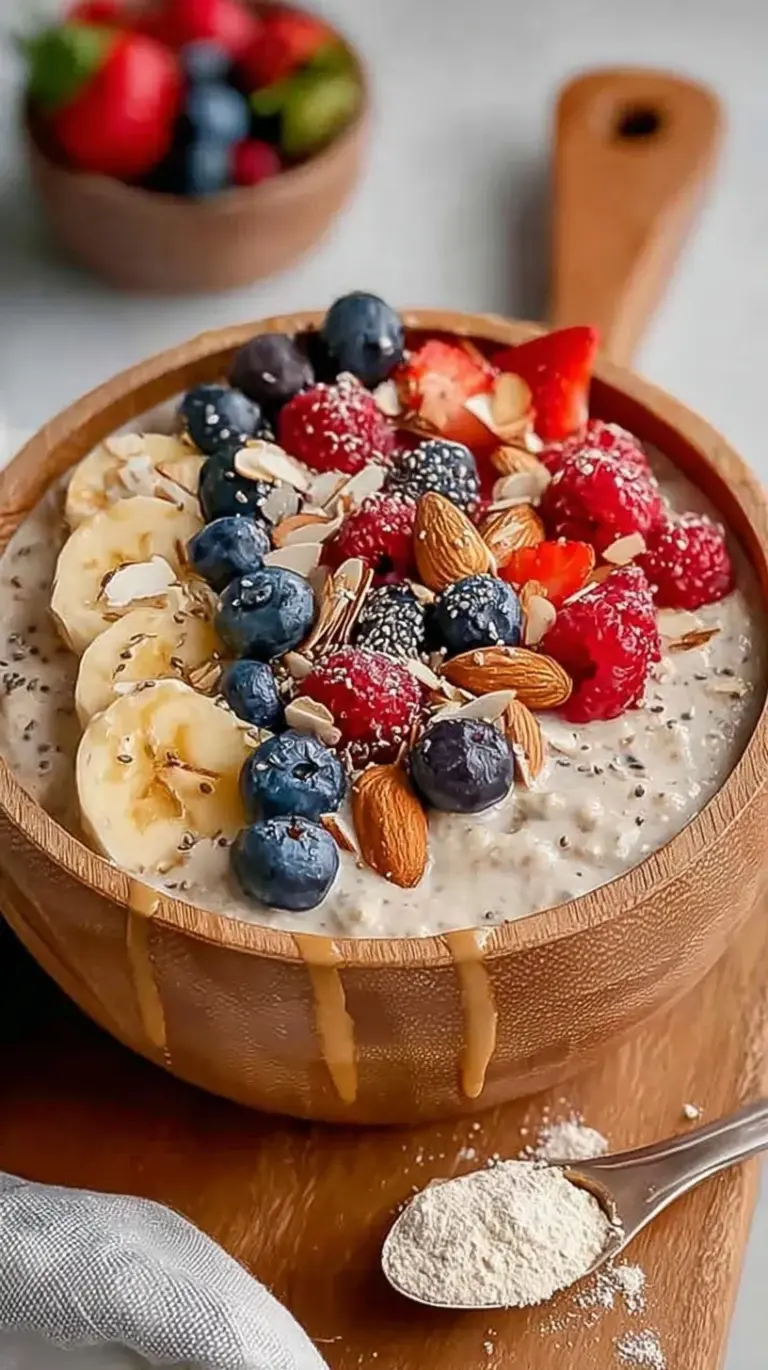 A glass jar filled with creamy overnight oats topped with fresh berries and seeds.