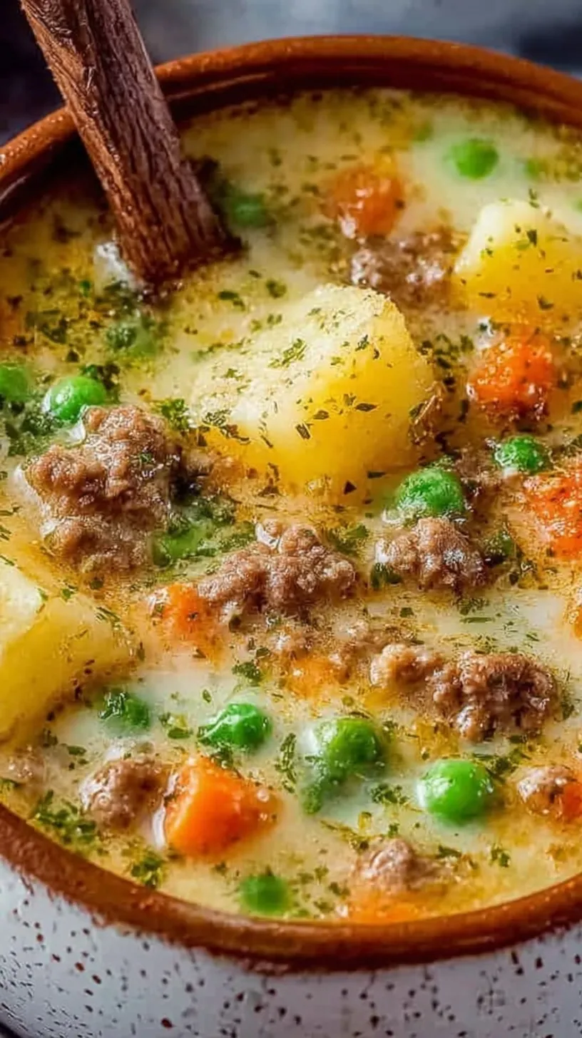 A steaming bowl of creamy Shepherd's Pie Soup with carrots, peas, and potatoes
