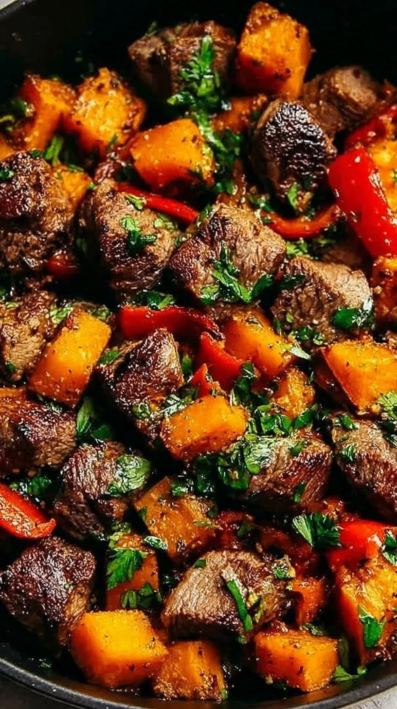 Golden seared steak bites and roasted sweet potatoes in a cast iron skillet with fresh parsley.