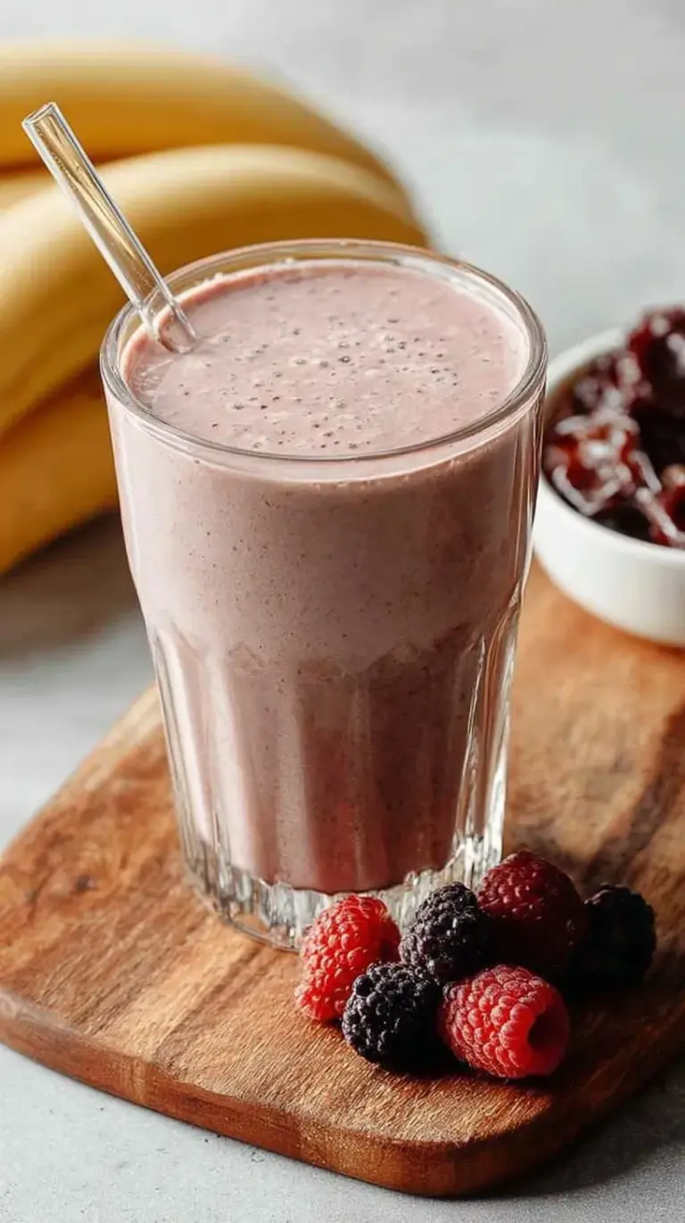 A creamy peanut butter and banana protein smoothie in a tall glass with a straw.
