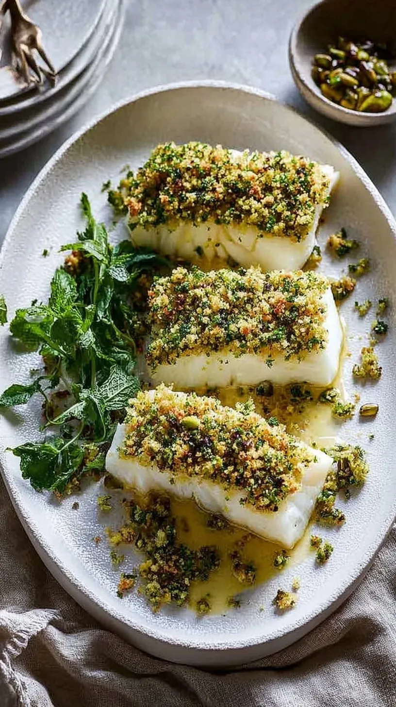 Golden brown baked fish fillets topped with crispy herb breadcrumbs and served with lemon wedges.