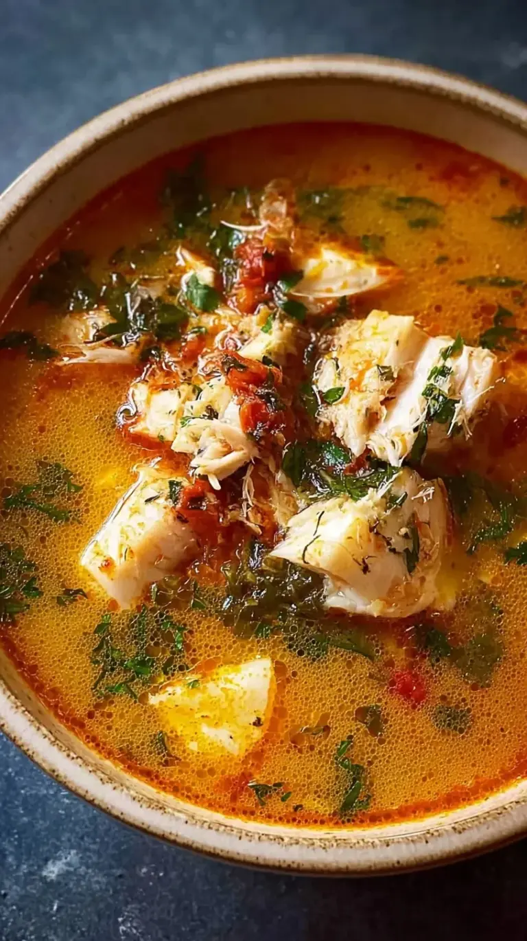 A colorful bowl of Mediterranean fish stew with white fish, red peppers, and fresh parsley.