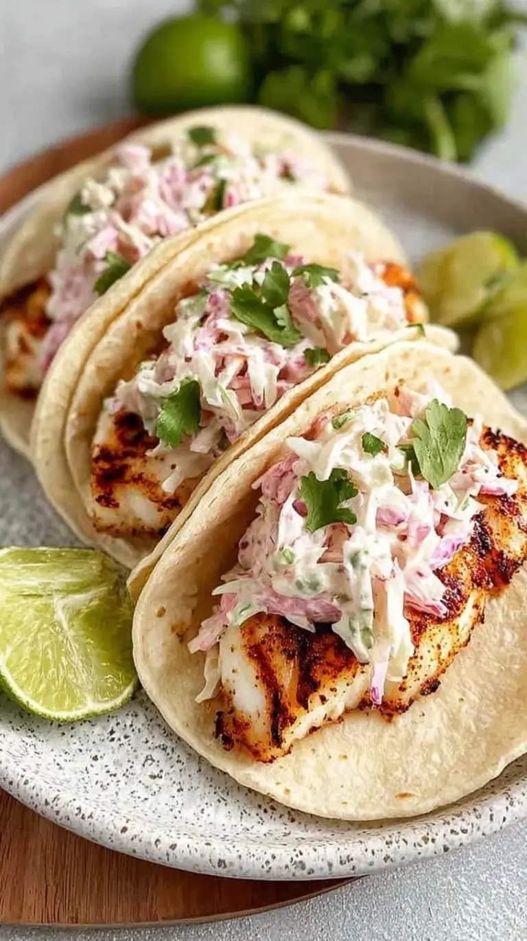 Platter of grilled fish tacos topped with colorful cabbage slaw and lime wedges