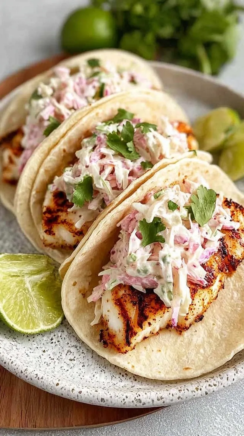Platter of grilled fish tacos topped with colorful cabbage slaw and lime wedges