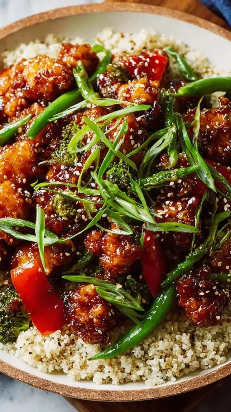 Crispy golden chicken pieces coated in a glossy dark sauce with red chilies and green onions.
