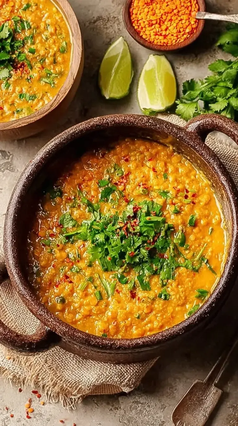 A dark and rich plate of Rendang Red Lentils served with rice and fresh herbs.