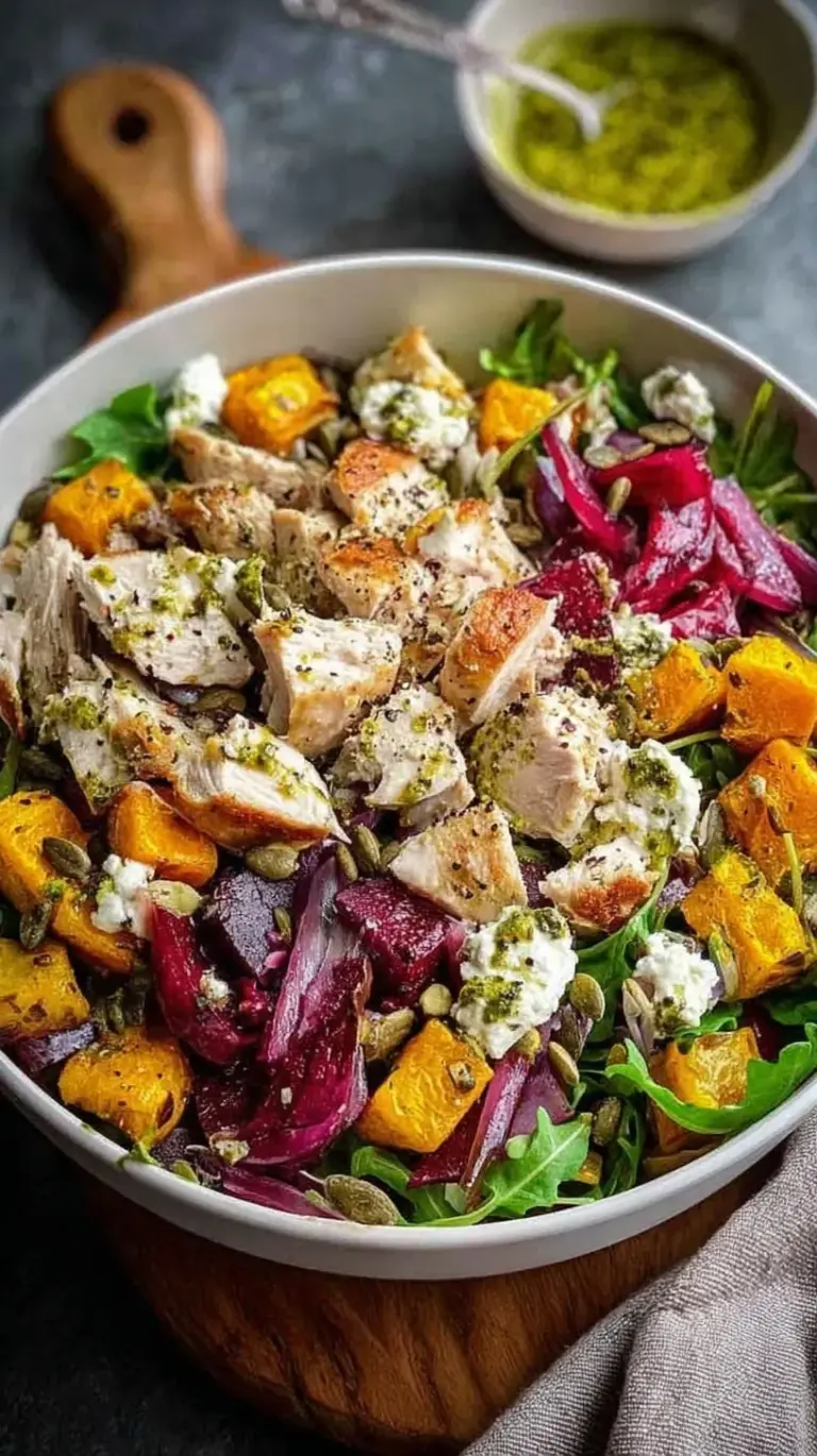 A colorful bowl filled with roasted chicken, sweet potatoes, broccoli, and chickpeas over quinoa with tahini dressing.