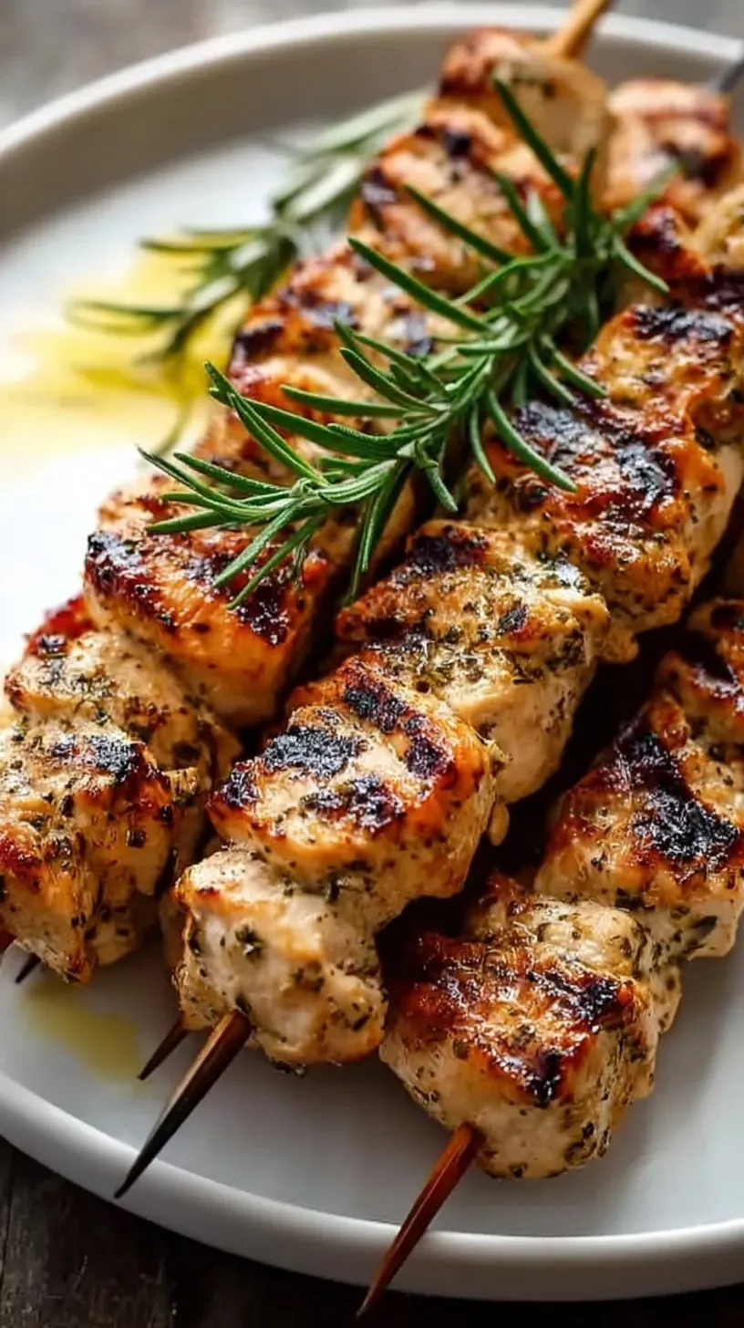 Grilled rosemary ranch chicken kabobs on a platter with fresh herbs and lemon wedges.