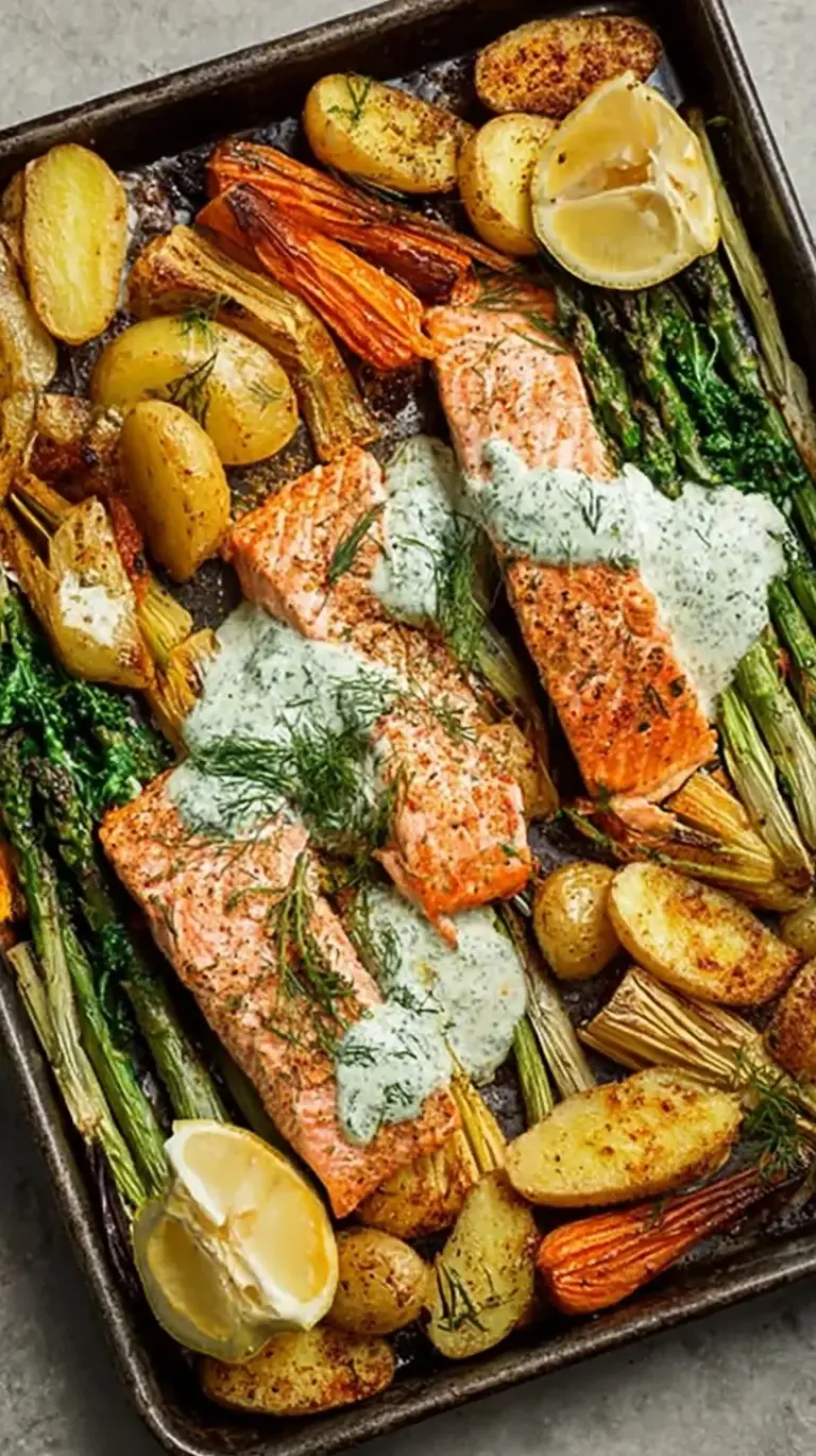 A colorful sheet pan with roasted salmon fillets, green asparagus spears, and golden baby potatoes topped with lemon slices.
