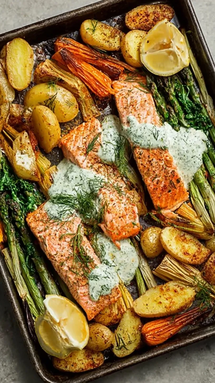 A colorful sheet pan with roasted salmon fillets, green asparagus spears, and golden baby potatoes topped with lemon slices.