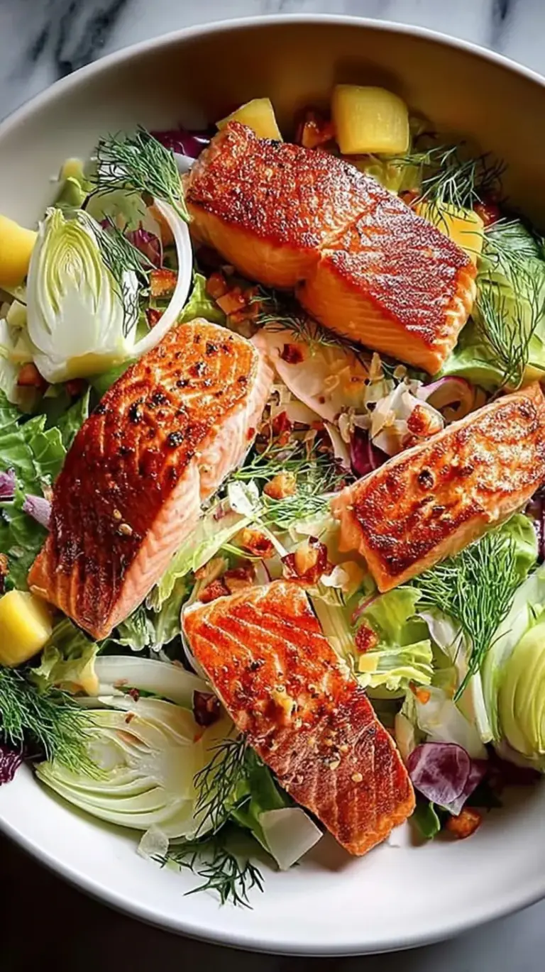 Pan-seared salmon fillet over a bed of shaved fennel and green arugula with citrus dressing