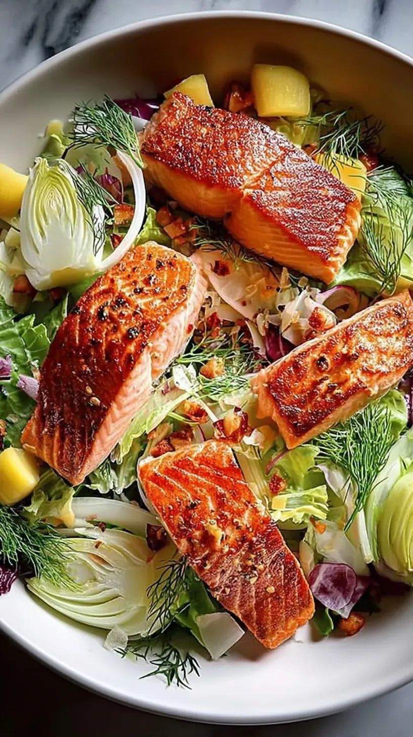 Pan-seared salmon fillet over a bed of shaved fennel and green arugula with citrus dressing
