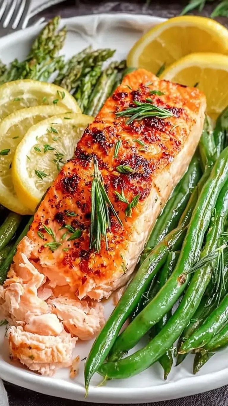 A colorful sheet pan with roasted salmon fillets topped with lemon slices and crisp green beans.