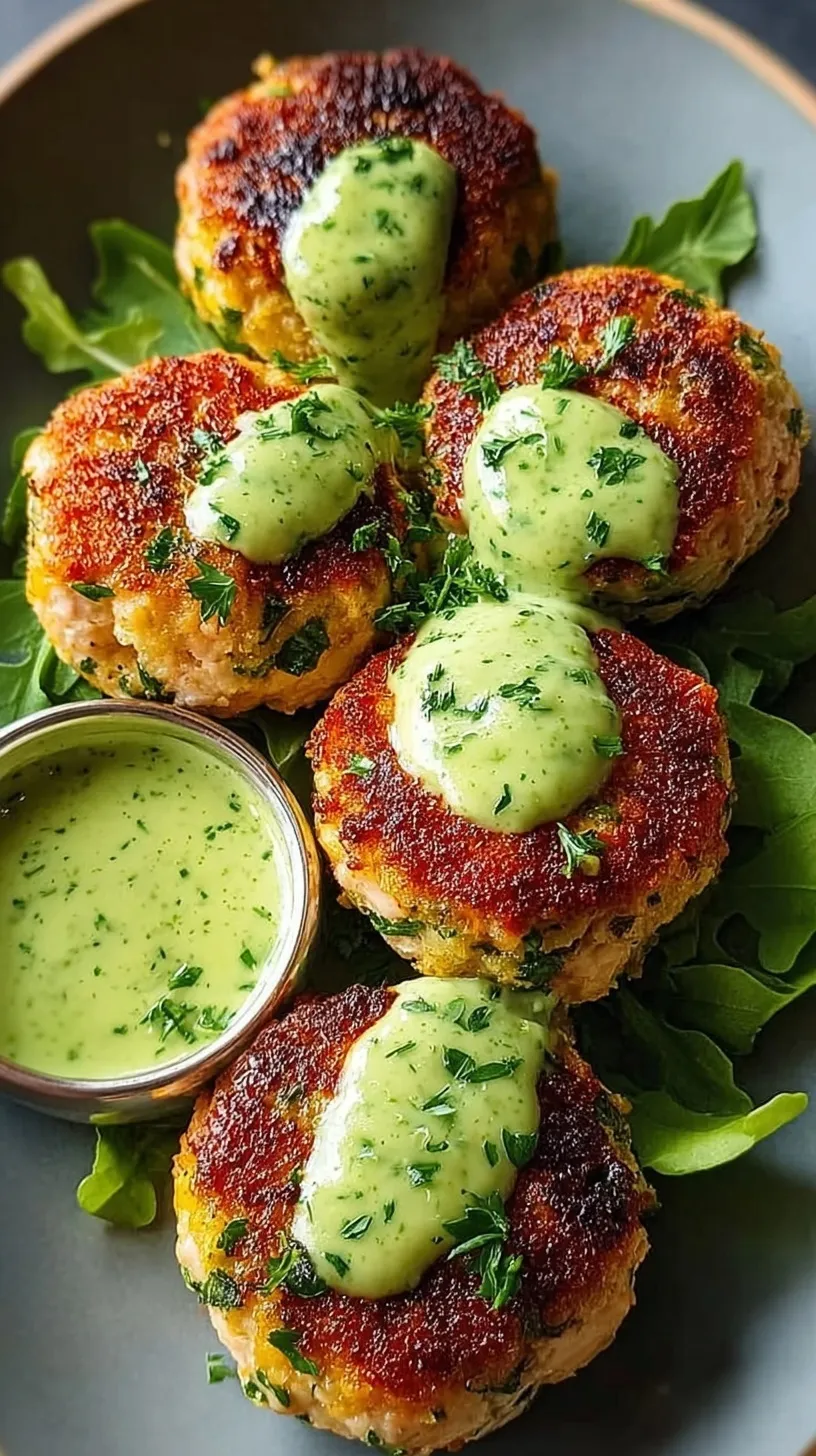 Golden pan-seared salmon balls on a plate with a side of creamy green avocado dipping sauce.
