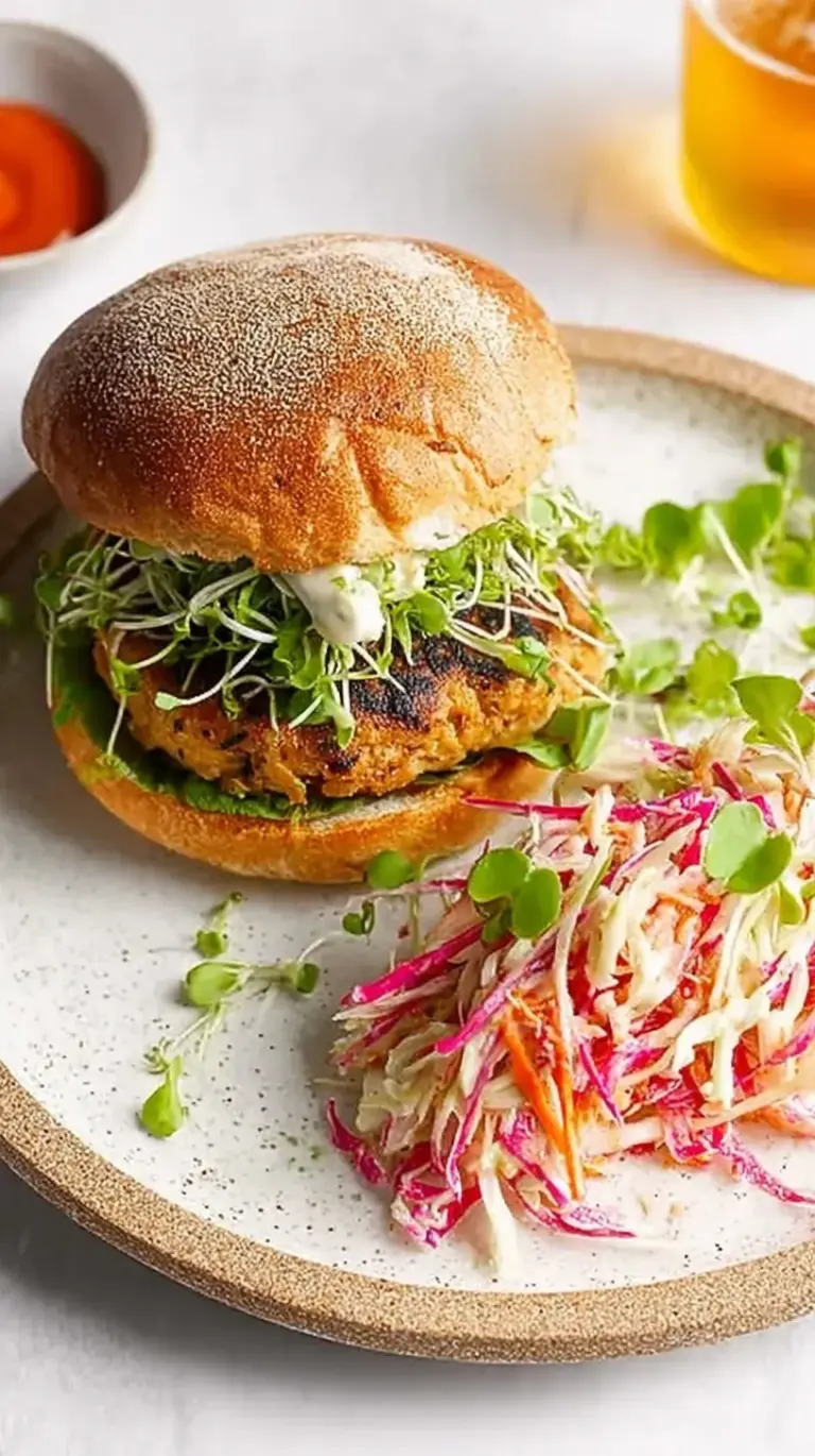 Hand-chopped salmon patties topped with creamy sriracha slaw on toasted brioche buns.