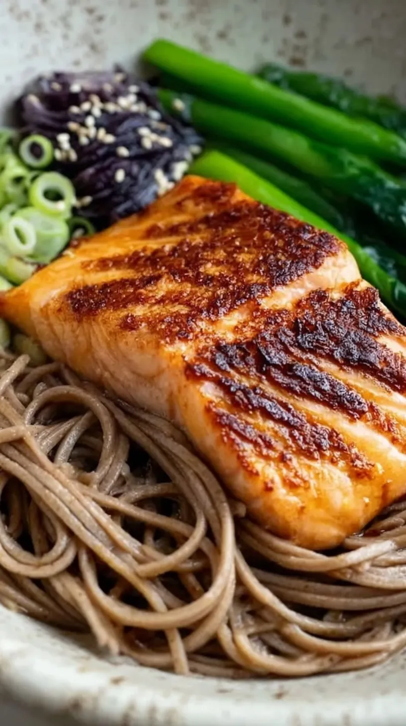 A colorful bowl of chilled soba noodles with seared salmon chunks, julienned cucumber, and green onions.