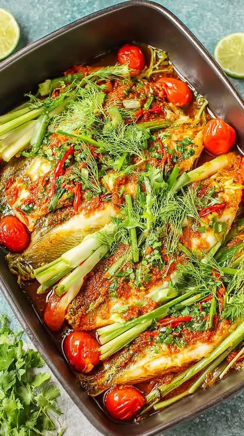 Pan-seared sea bass fillets glazed with a red sambal and lemongrass sauce in a skillet.